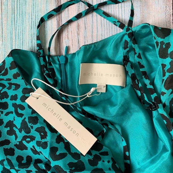 Michelle Mason teal and black leaopard print midi dress 100% silk nwt - Picture 9 of 14